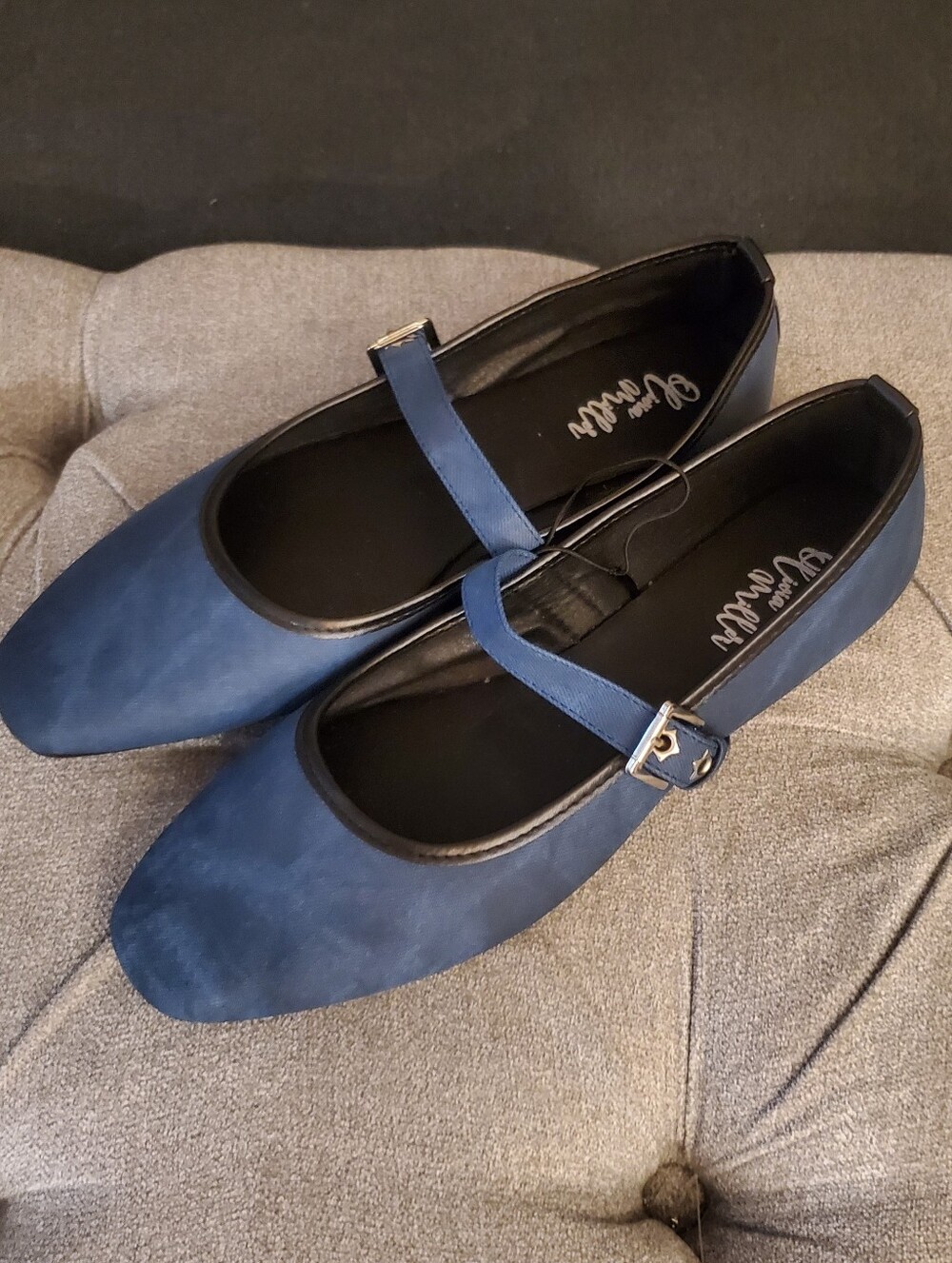 Olivia Miller Navy Blue/ Black Mary Jane Flats with Buckle Strap - Women's